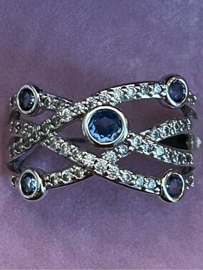 Bomb Party Silver-Tone Crisscross Ring with Blue & Clear Stones Size 8 NWT